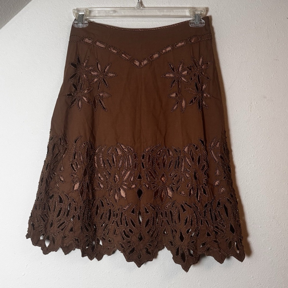 Basil & Maude Brown Embroidered Beaded Skirt Womens Size 4 Boho Midi